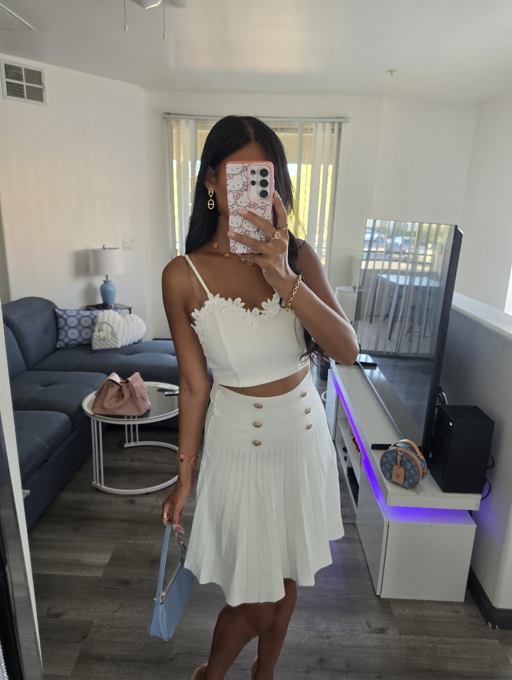 White Pleated Button-Front A-Line Skirt
